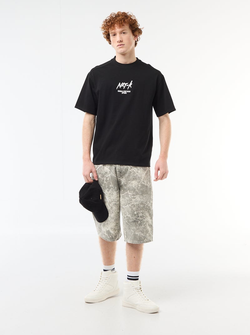 T-shirt col rond avec broderie contrastante Noir - Kiabi