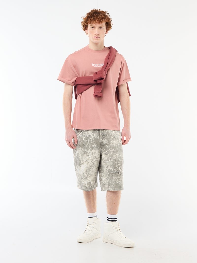 T-shirt col rond avec broderie contrastante Rose - Kiabi