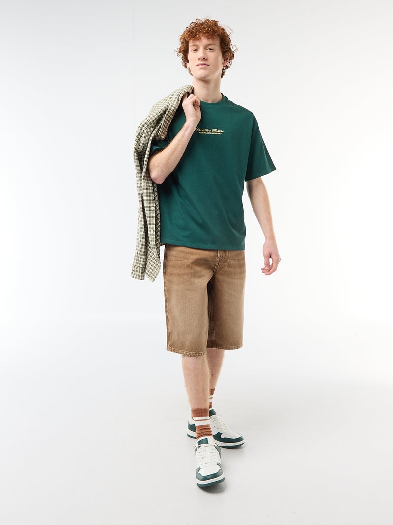 T-shirt col rond avec broderie contrastante Vert - Kiabi