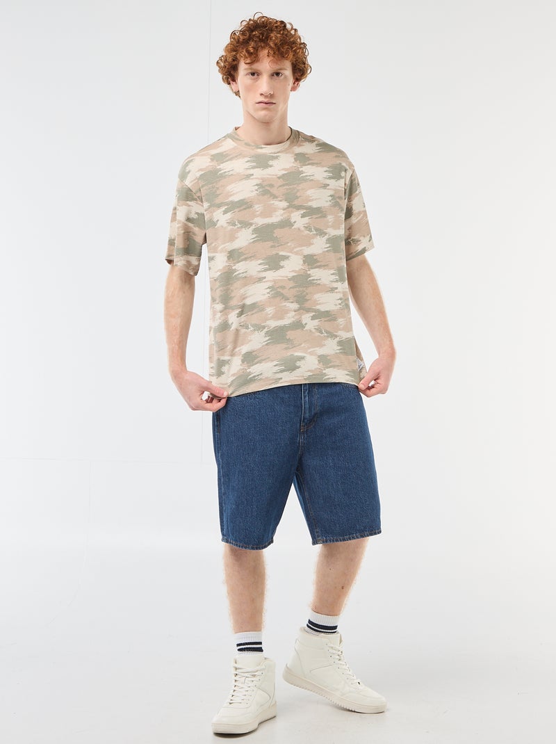 T-shirt col rond imprimé 'camouflage' en coton Vert - Kiabi