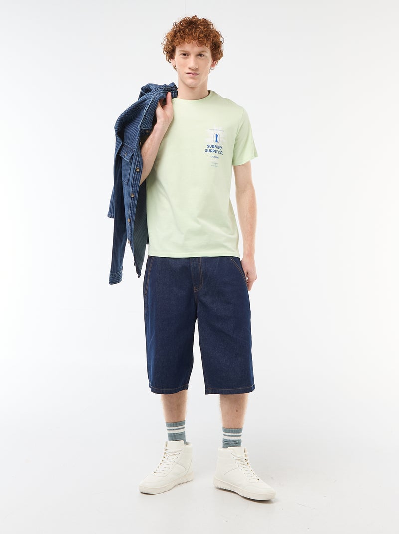 T-shirt col rond imprimé en coton Vert - Kiabi