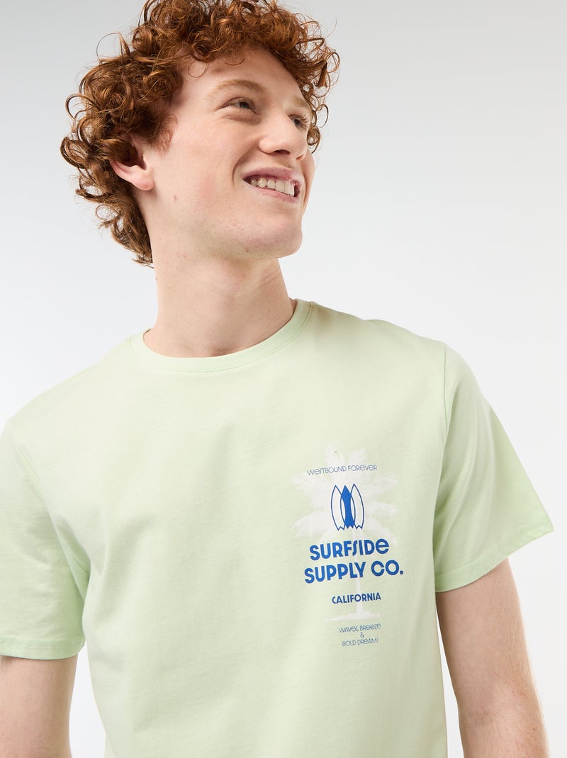 T-shirt col rond imprimé en coton Vert - Kiabi