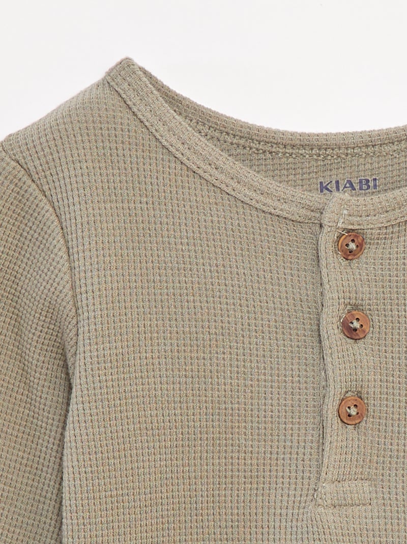 T-shirt col tunisien en maille gaufrée Vert - Kiabi