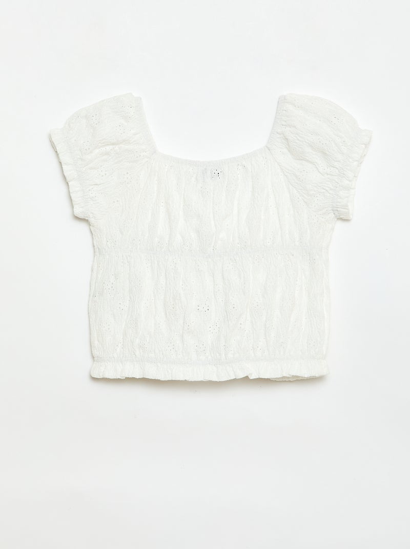 T-shirt con lavorazione smock e ricamo sangallo Bianco - Kiabi