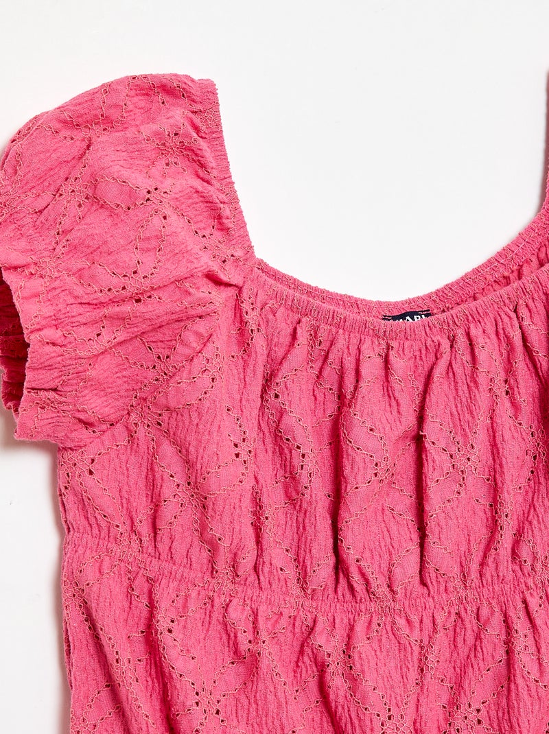 T-shirt con lavorazione smock e ricamo sangallo Rosa - Kiabi
