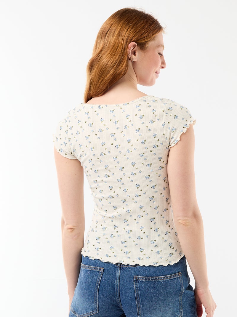 T-shirt côtelé à manches courtes avec manches volantées Blanc - Kiabi