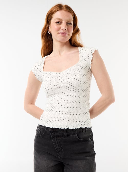 T-shirt côtelé à manches courtes avec manches volantées - Kiabi