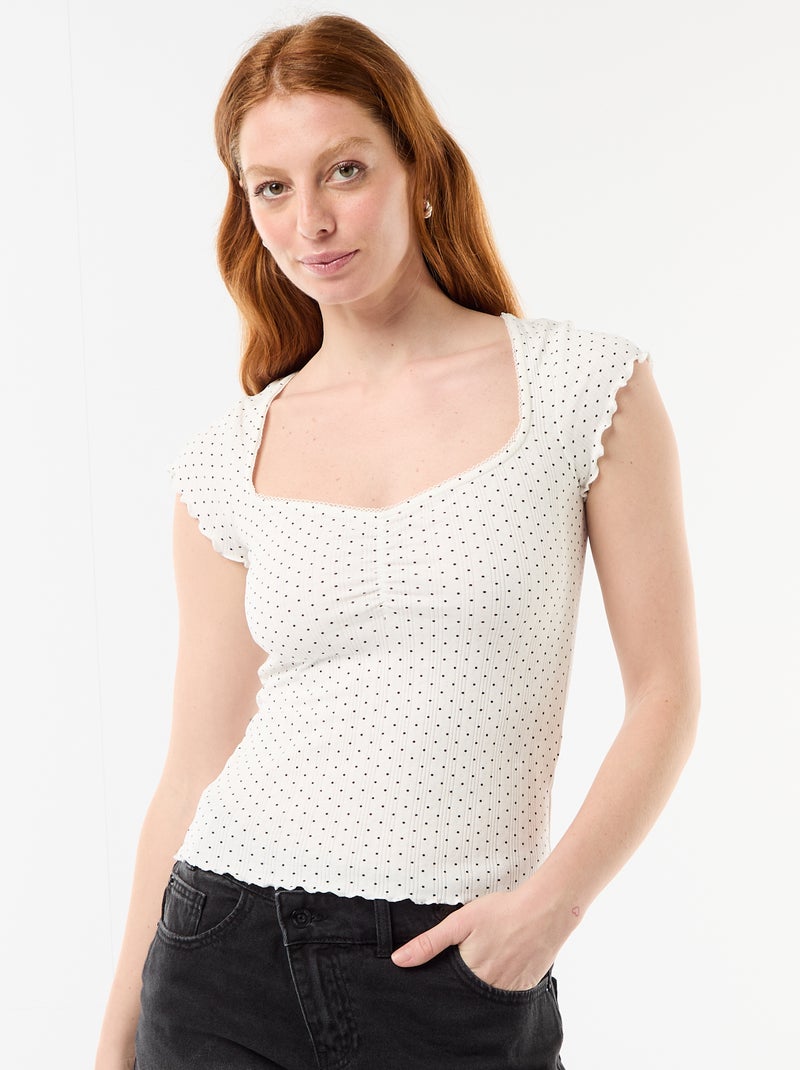 T-shirt côtelé à manches courtes avec manches volantées Blanc - Kiabi