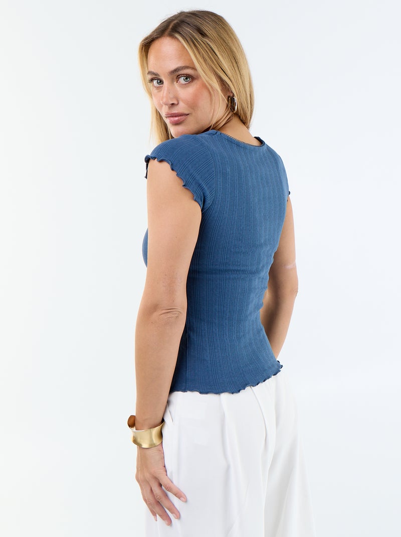 T-shirt côtelé à manches courtes avec manches volantées Bleu - Kiabi