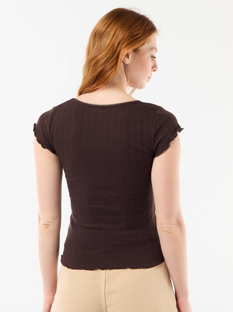 T-shirt côtelé à manches courtes avec manches volantées Marron - Kiabi