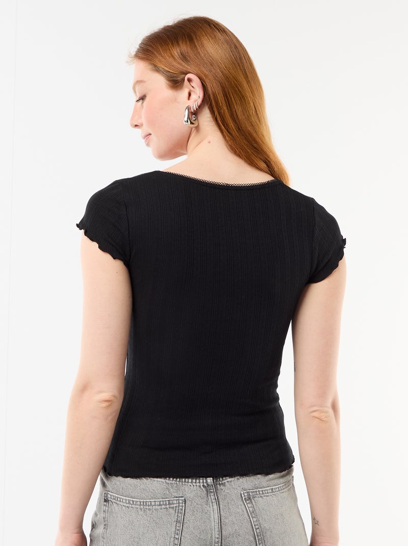 T-shirt côtelé à manches courtes avec manches volantées Noir - Kiabi