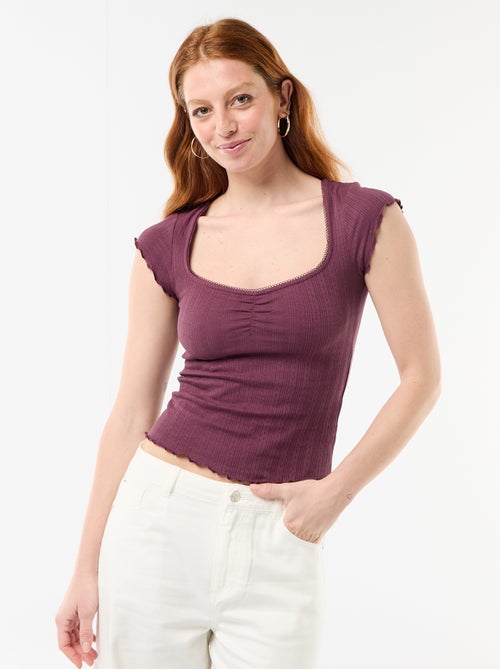 T-shirt côtelé à manches courtes avec manches volantées - Kiabi