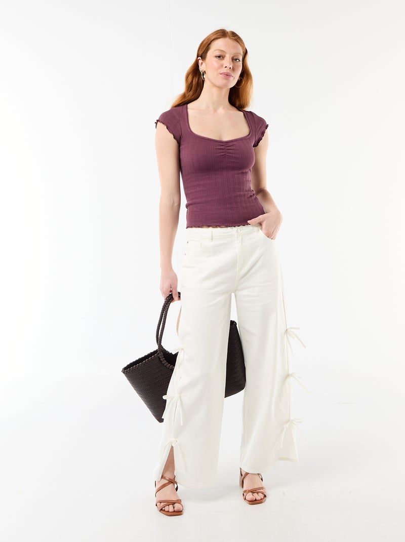 T-shirt côtelé à manches courtes avec manches volantées Violet - Kiabi