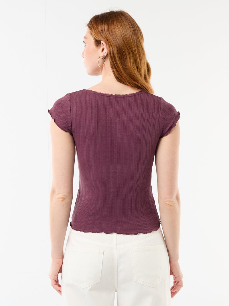 T-shirt côtelé à manches courtes avec manches volantées Violet - Kiabi