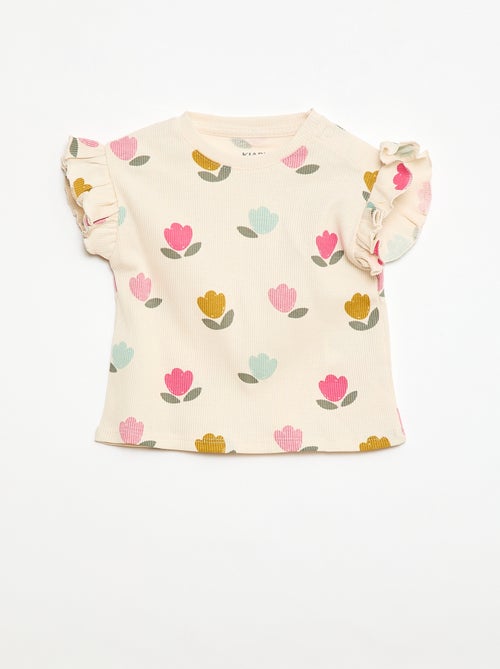T-shirt côtelé à manches courtes volantées - Kiabi