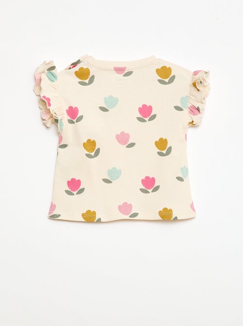 T-shirt côtelé à manches courtes volantées - Kiabi