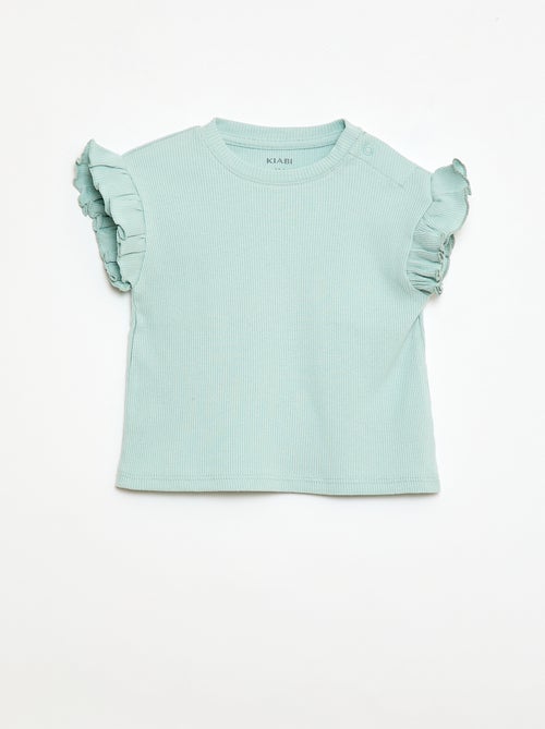 T-shirt côtelé à manches courtes volantées - Kiabi