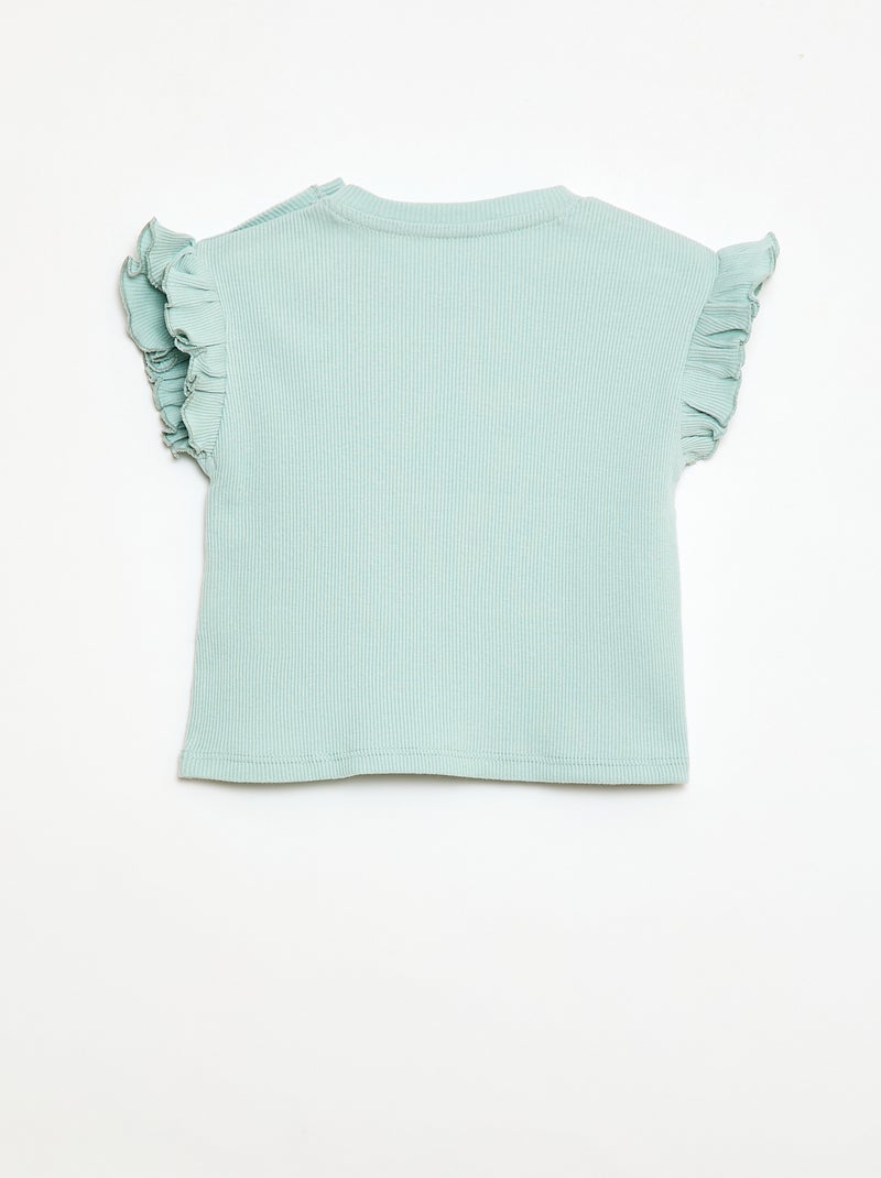 T-shirt côtelé à manches courtes volantées Bleu - Kiabi