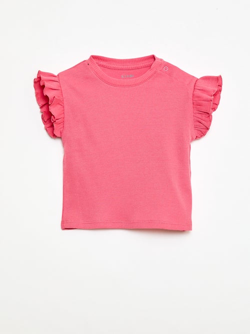T-shirt côtelé à manches courtes volantées - Kiabi