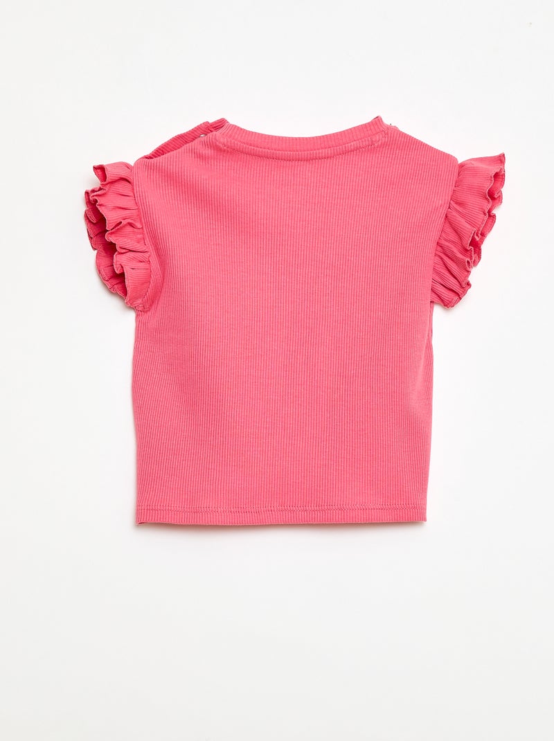 T-shirt côtelé à manches courtes volantées Rose - Kiabi