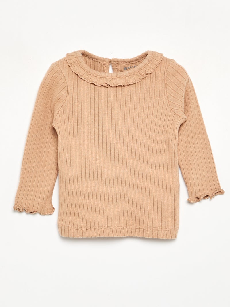 T-shirt côtelé à manches et col volanté Beige - Kiabi