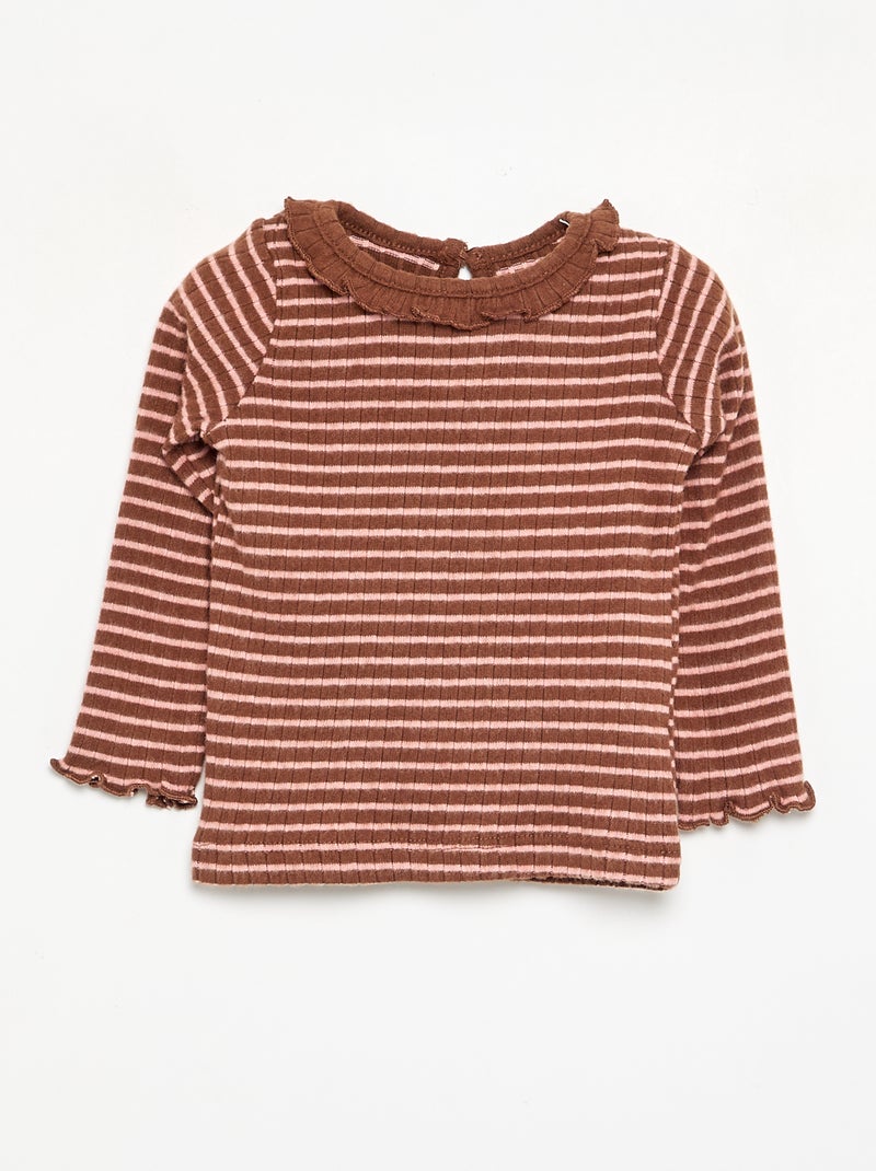 T-shirt côtelé à manches et col volanté Marron - Kiabi