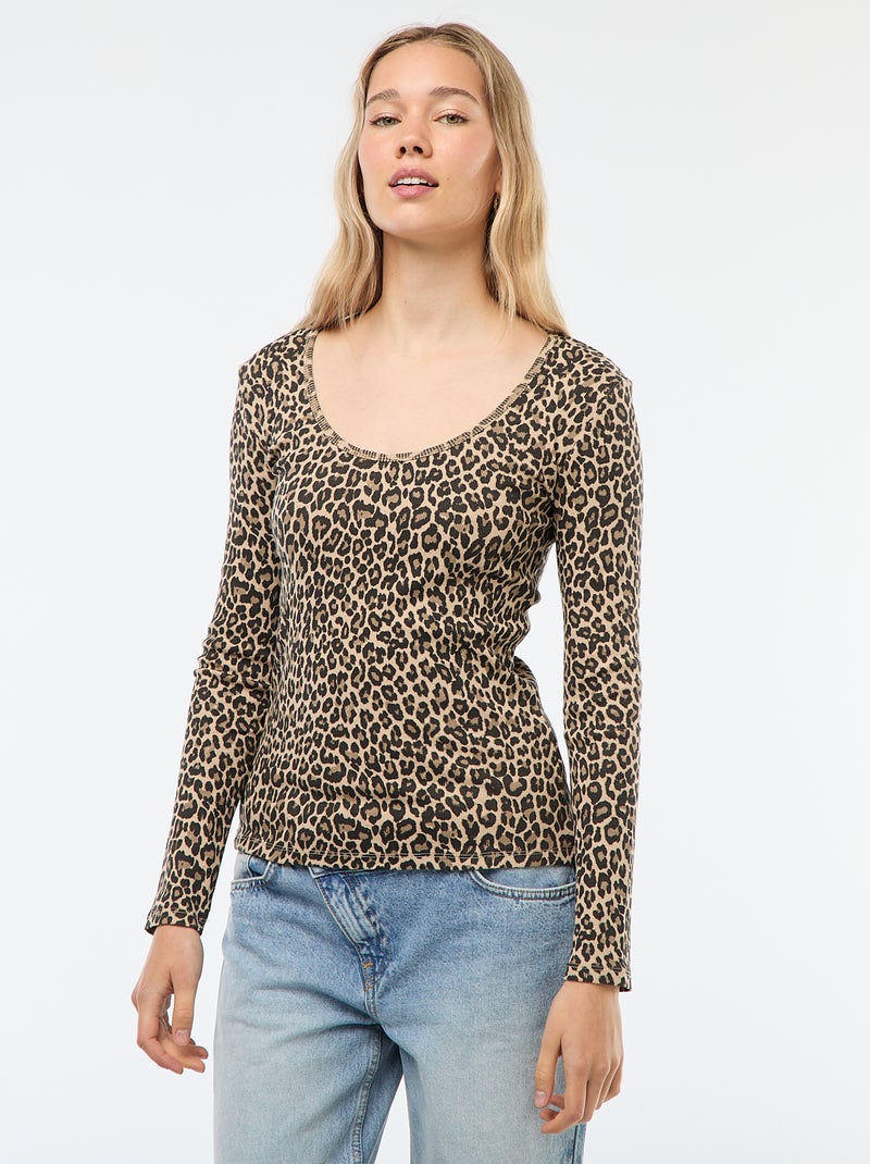 T-shirt côtelé à manches longues Beige - Kiabi