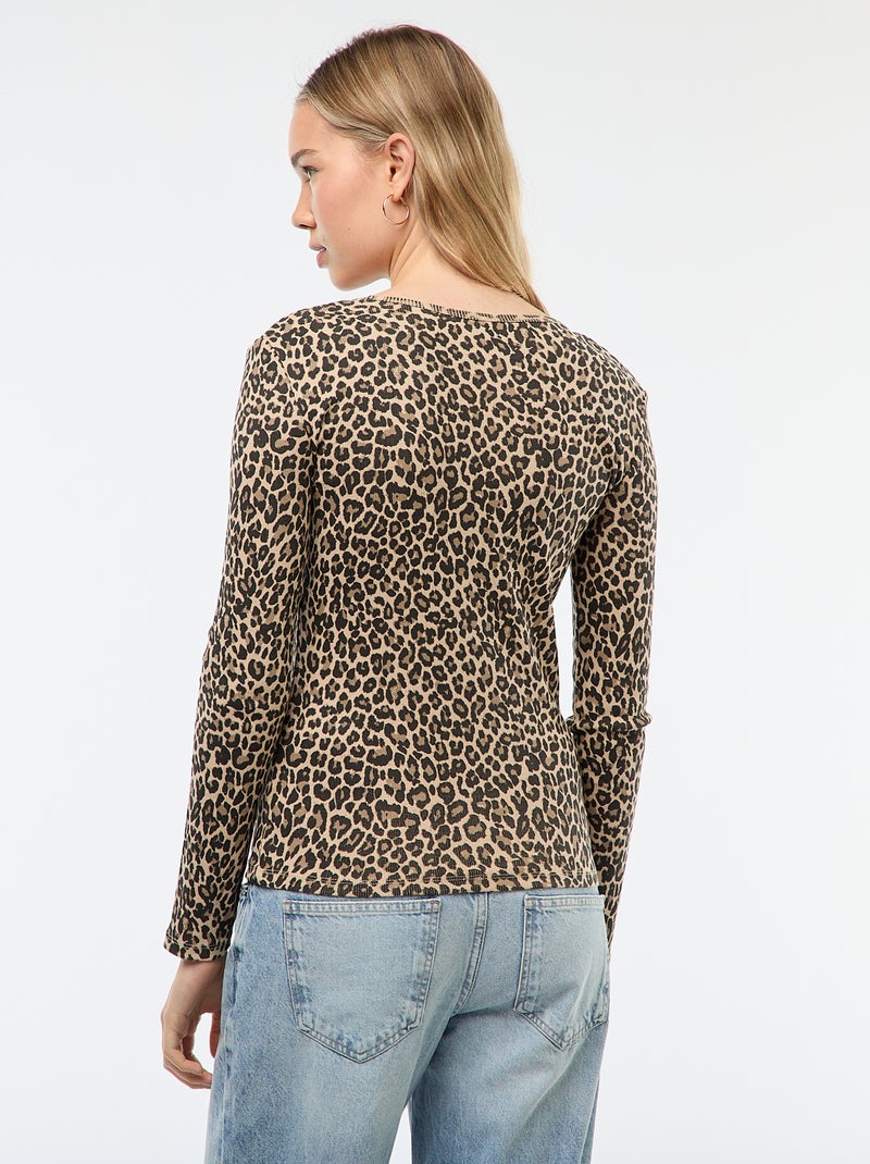 T-shirt côtelé à manches longues Beige - Kiabi