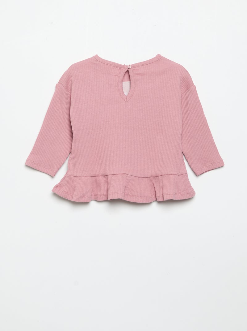 T-shirt côtelé à manches longues Rose - Kiabi