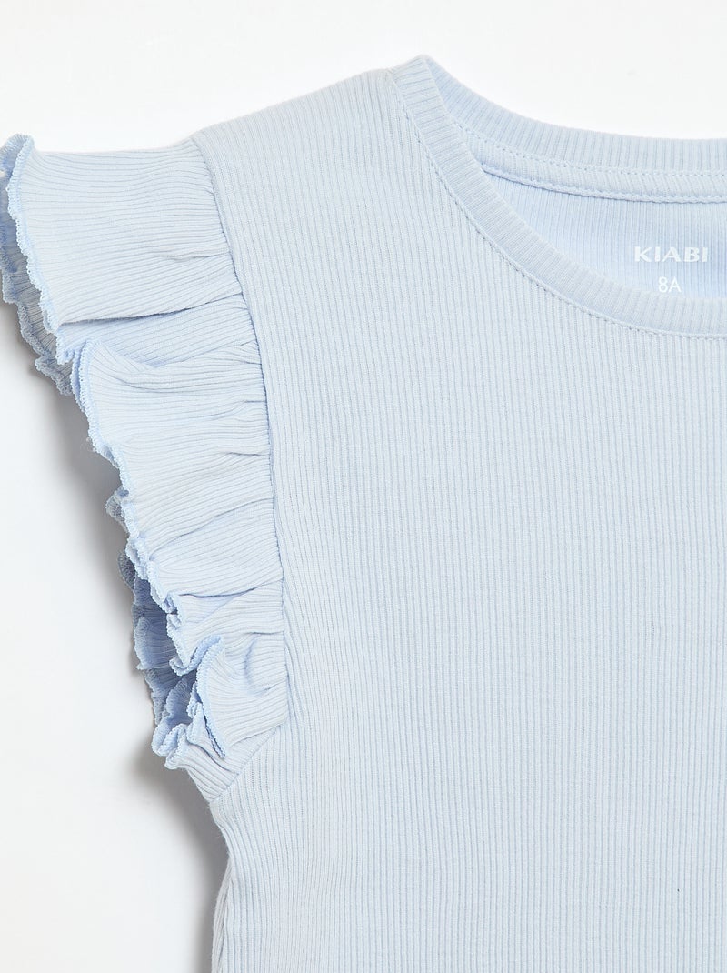 T-shirt côtelé à manches volantées Bleu - Kiabi