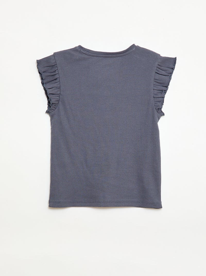 T-shirt côtelé à manches volantées Gris - Kiabi