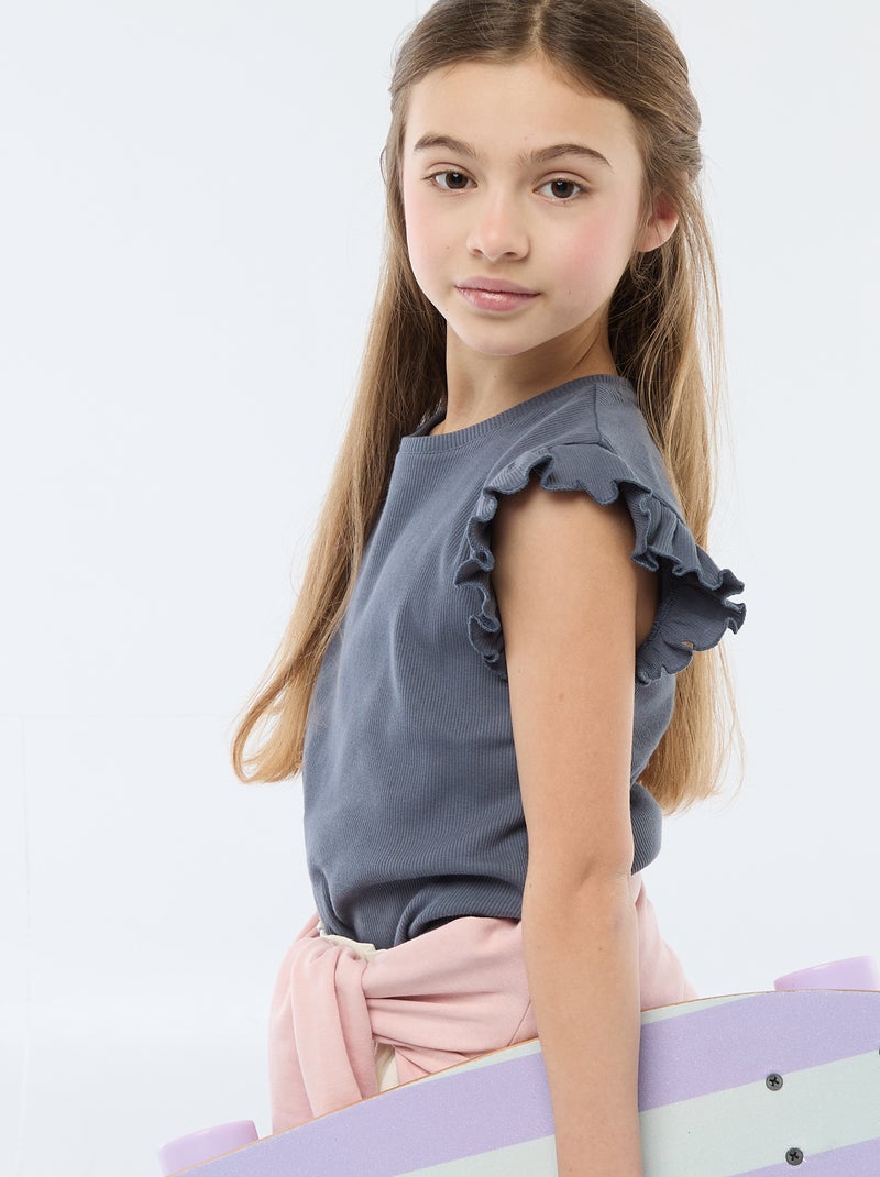 T-shirt côtelé à manches volantées Gris - Kiabi