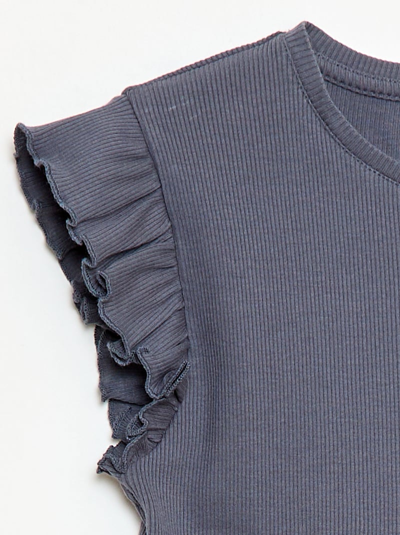 T-shirt côtelé à manches volantées Gris - Kiabi
