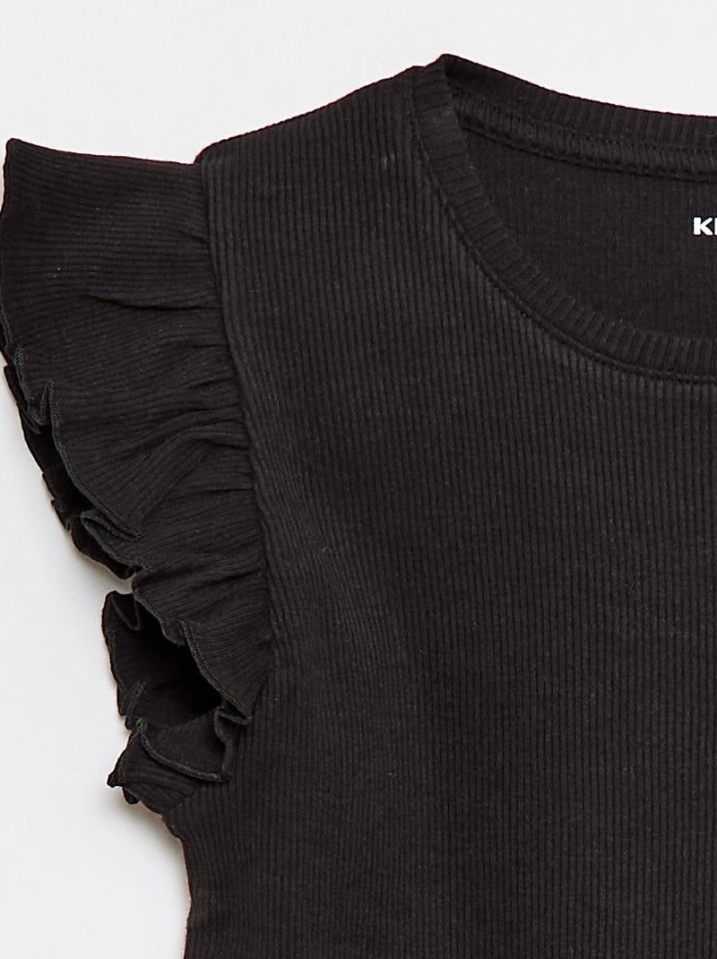 T-shirt côtelé à manches volantées Noir - Kiabi