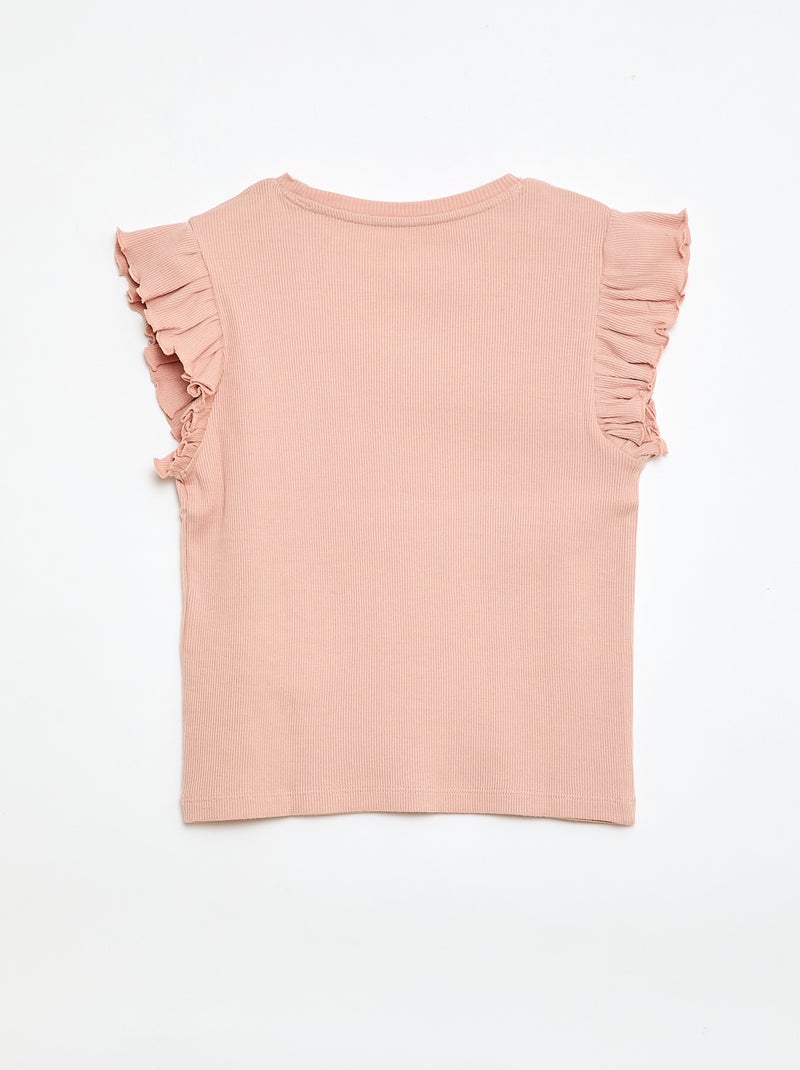 T-shirt côtelé à manches volantées Rose - Kiabi