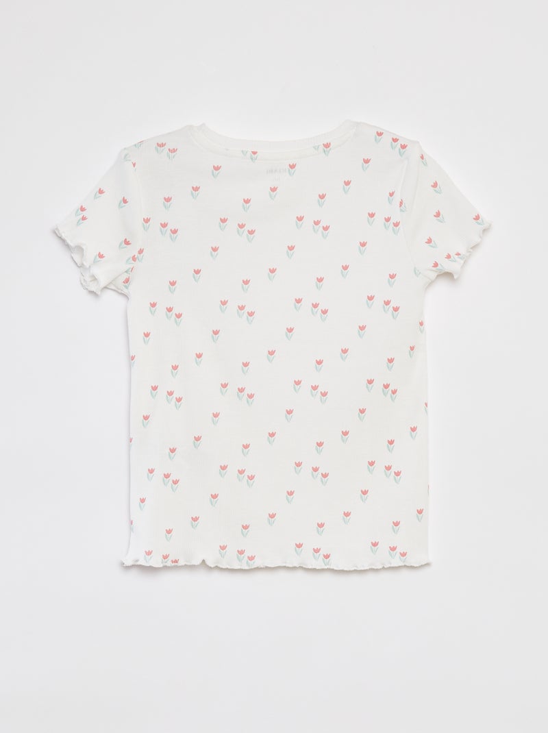 T-shirt côtelé avec bords ondulés et motifs BLANC - Kiabi