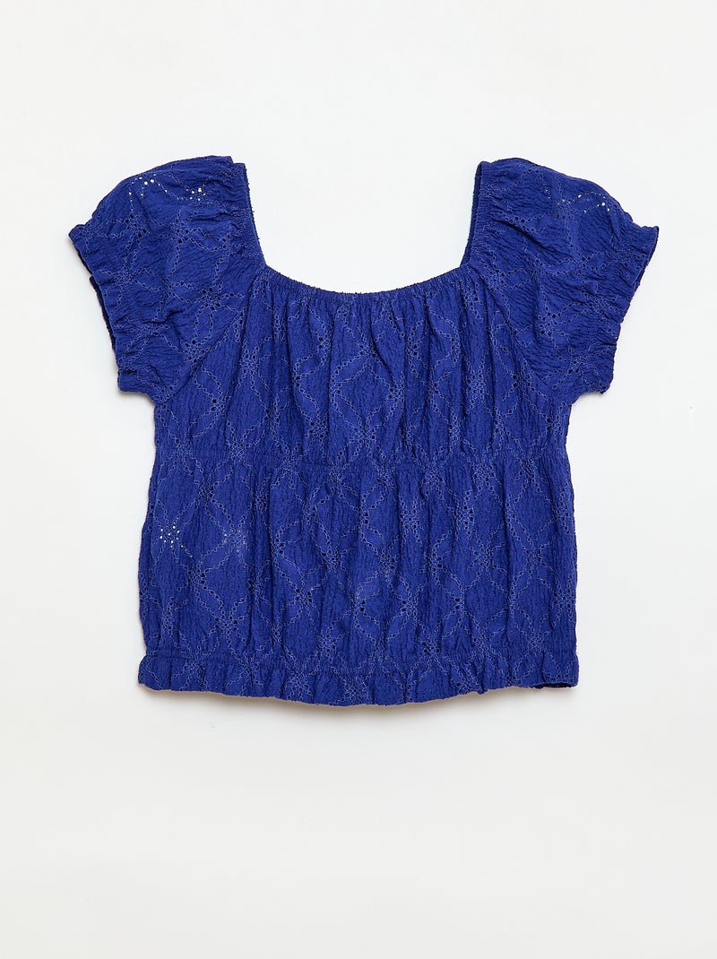 T-shirt effet smocké avec broderie en anglaise Bleu - Kiabi