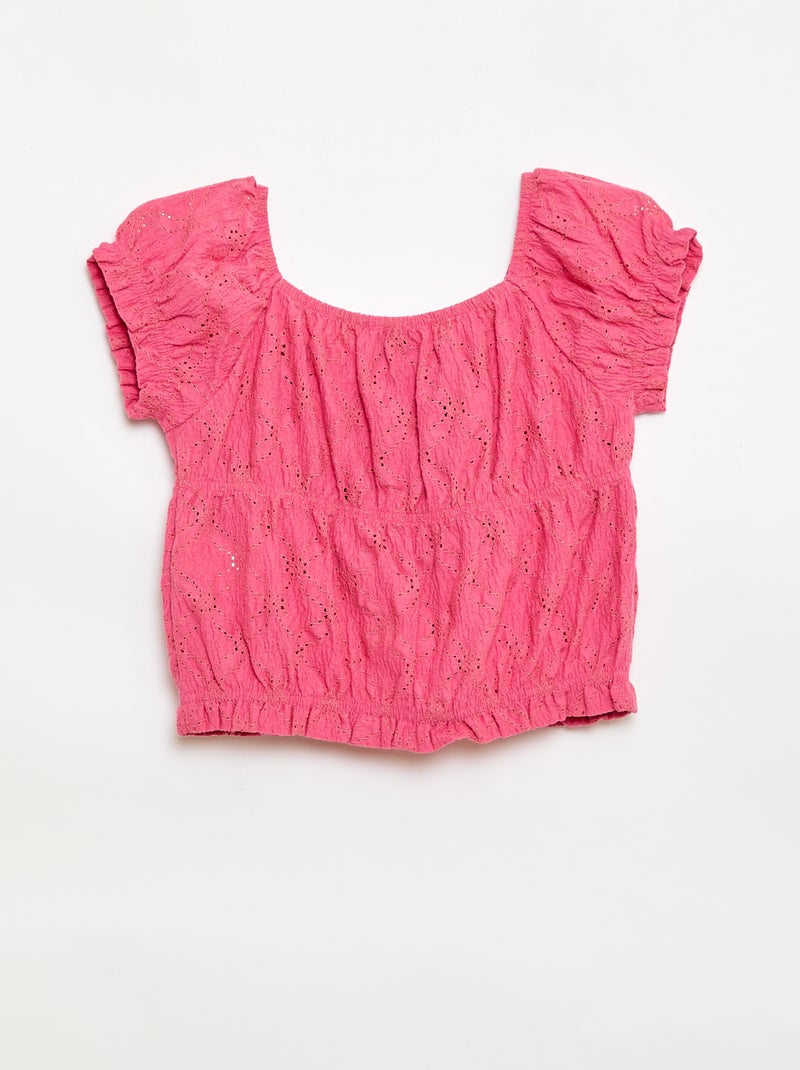 T-shirt effet smocké avec broderie en anglaise Rose - Kiabi