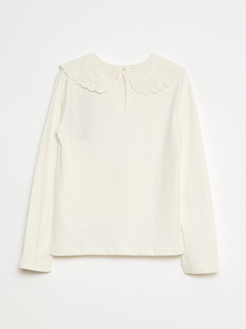 T-shirt en coton avec col brodé Blanc - Kiabi
