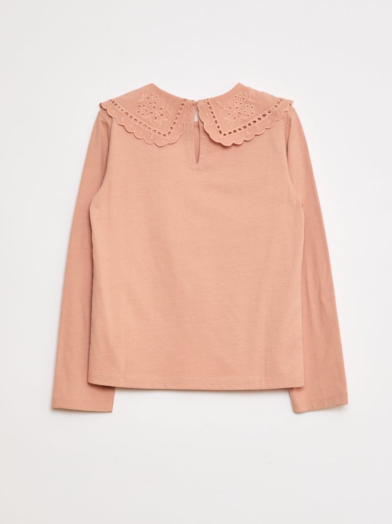 T-shirt en coton avec col brodé Rose - Kiabi