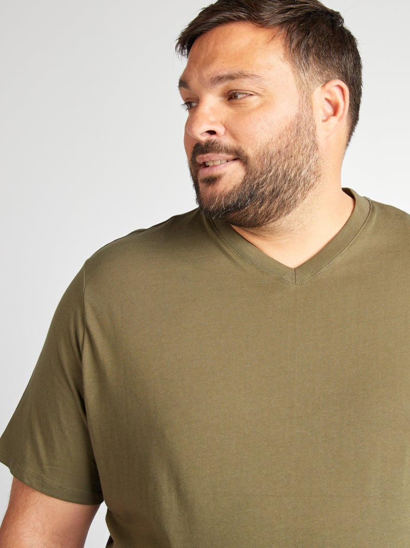 T-shirt en jersey à col V Kaki - Kiabi