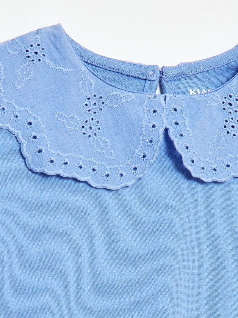 T-shirt en jersey avec col Claudine avec broderies anglaises Bleu - Kiabi