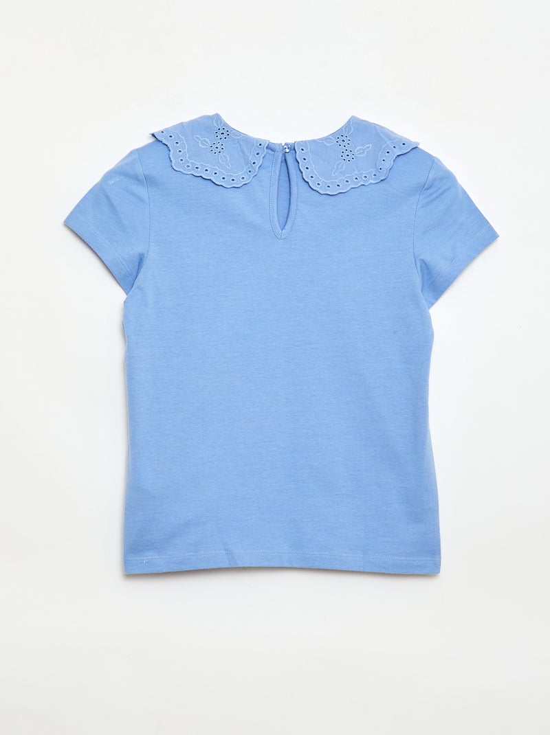 T-shirt en jersey avec col Claudine avec broderies anglaises Bleu - Kiabi