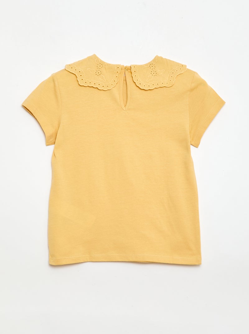 T-shirt en jersey avec col Claudine avec broderies anglaises Jaune moutarde - Kiabi