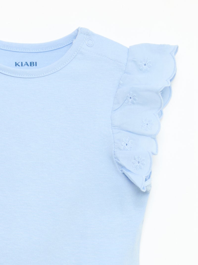 T-shirt en jersey de coton avec manches courtes en broderie anglaise Bleu - Kiabi