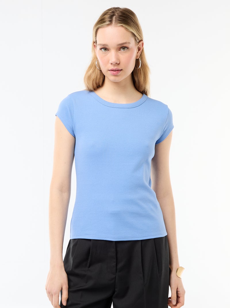 T-shirt en jersey manches courtes côtelé Bleu - Kiabi