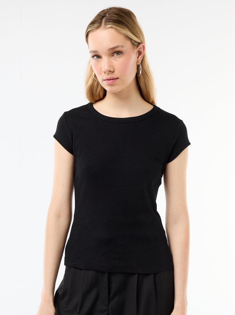 T-shirt en jersey manches courtes côtelé Noir - Kiabi