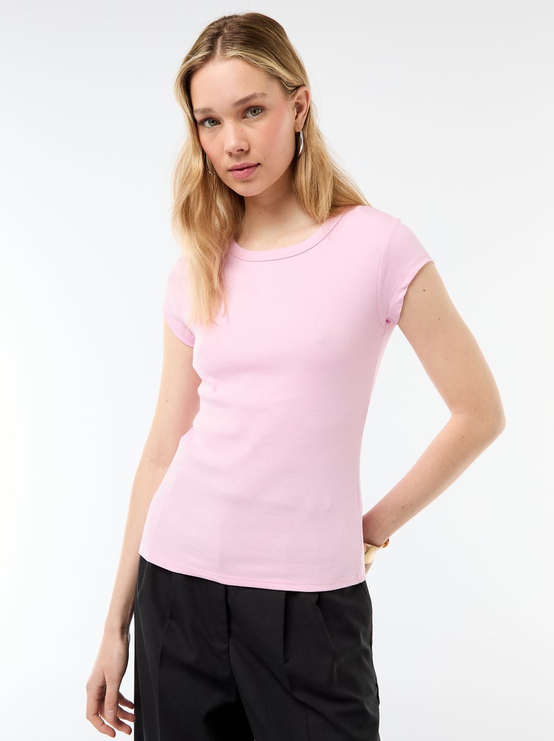 T-shirt en jersey manches courtes côtelé Rose - Kiabi