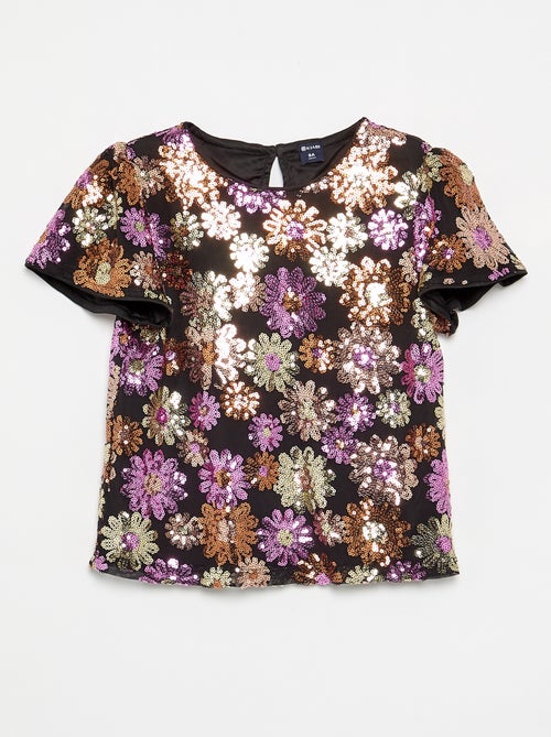 T-shirt en mesh et sequins à manches courtes - Kiabi