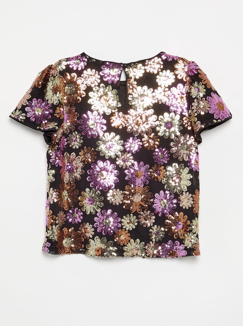 T-shirt en mesh et sequins à manches courtes Rose - Kiabi